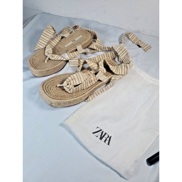Zara Lace Up Striped Espadrille Sandals 38 , US 7.5  With dust bag - Picture 1 of 16